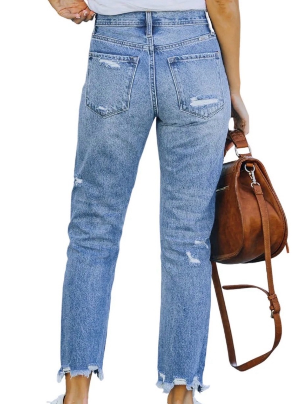 High Waisted Distressed Jeans Medium Wash Ripped Tapered Leg With Excellent Cond